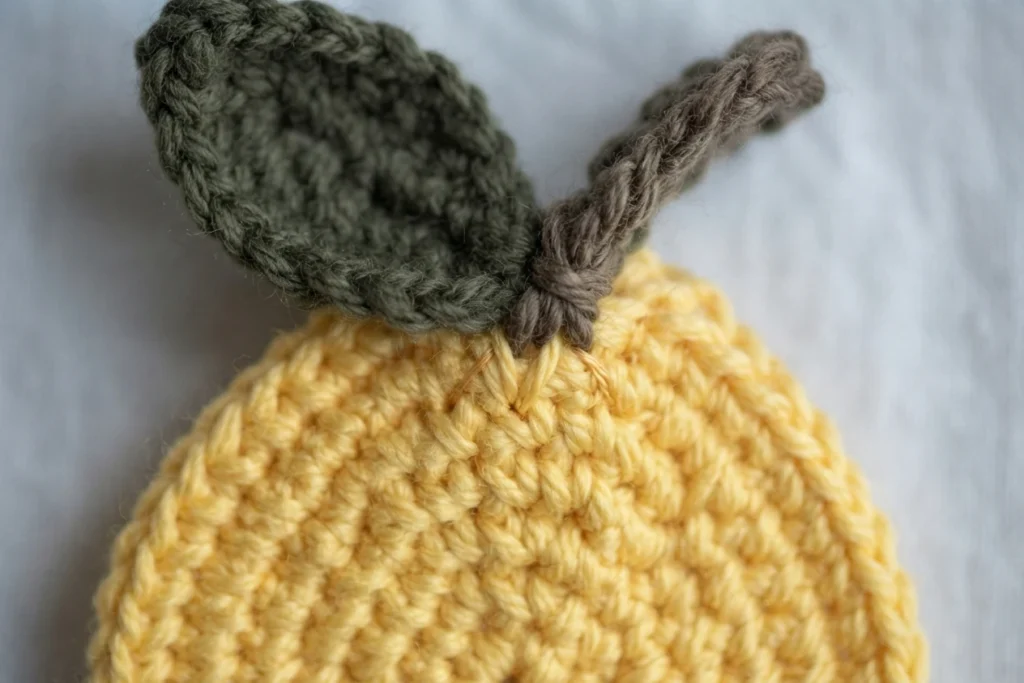 Close-up of a yellow crochet lemon with a green crochet leaf and brown crochet stem attached at the top, on white fabric