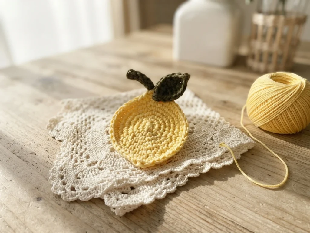 Crocheted yellow lemon motif with olive leaf and stem resting on a white lace doily beside a ball of yellow yarn on a wooden table.