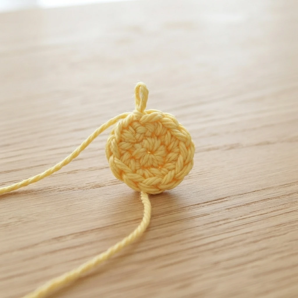 Small pale yellow crocheted circle with yarn tails resting on a light wooden surface, showing an early round of the lemon motif.