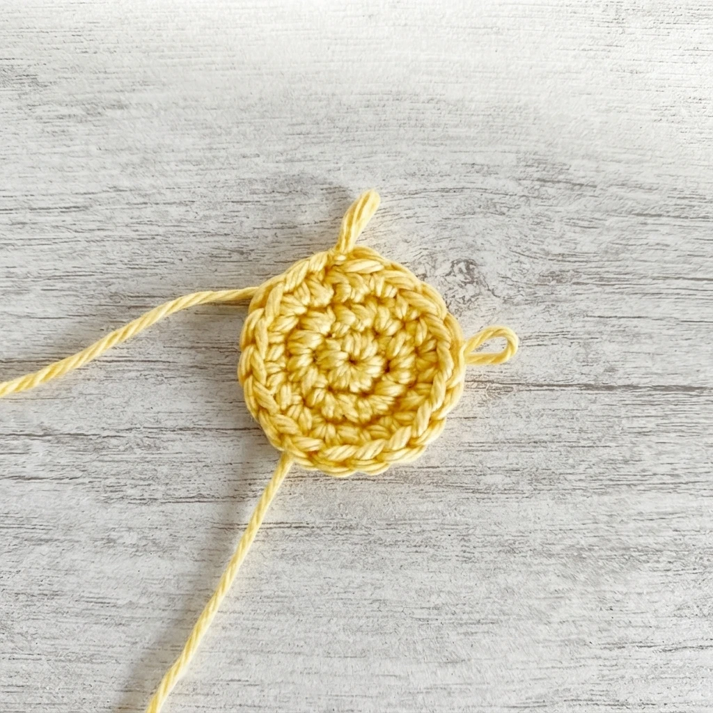 Small round yellow crocheted circle with loose yarn tails on a light wood surface, early stage of a lemon motif.