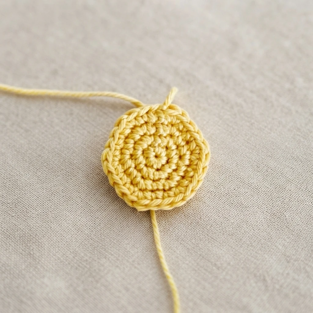 Round 4 of the lemon body, a small round yellow crocheted motif with the working yarn tail still attached