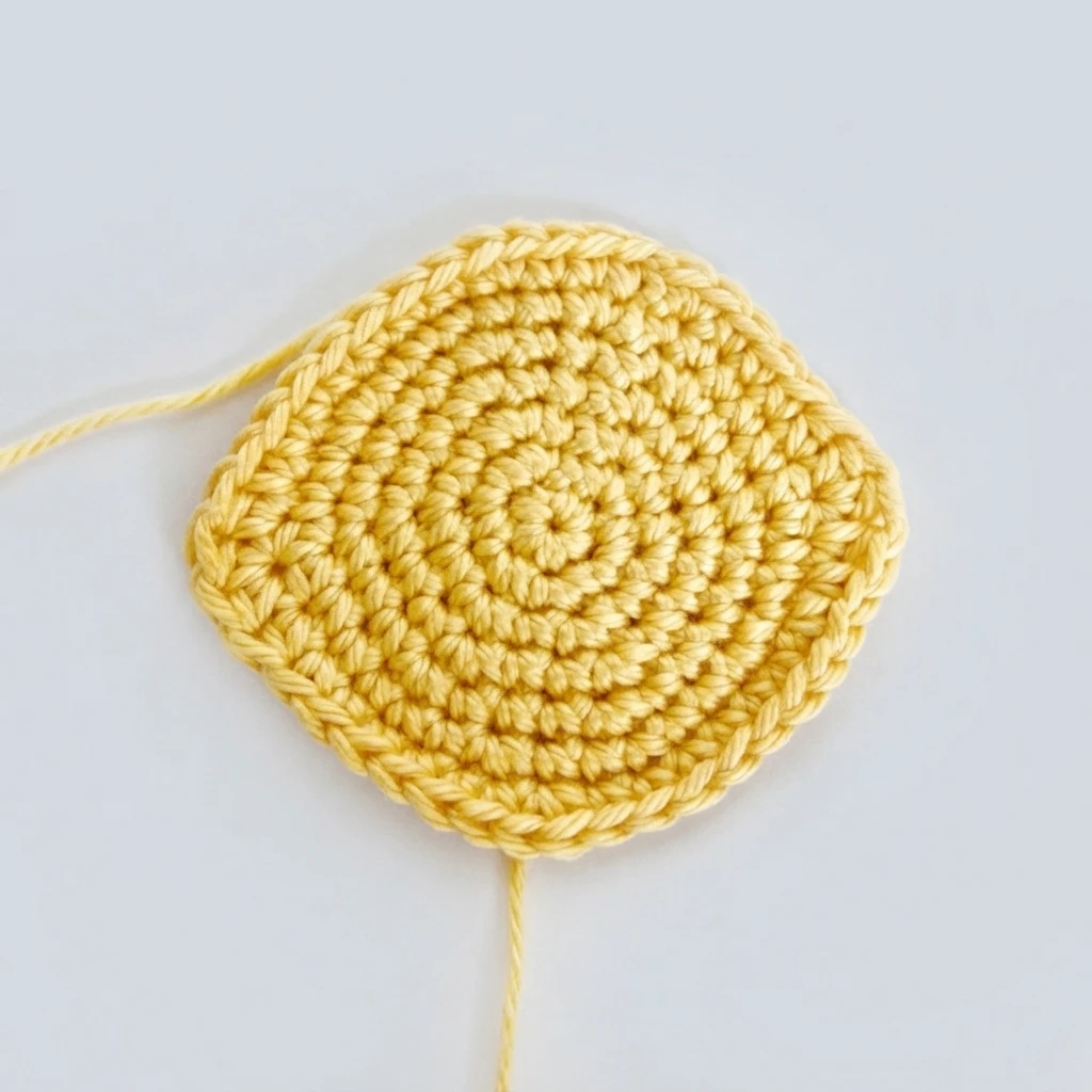 Yellow crocheted lemon body worked in joined rounds with loose yarn tails on a white background