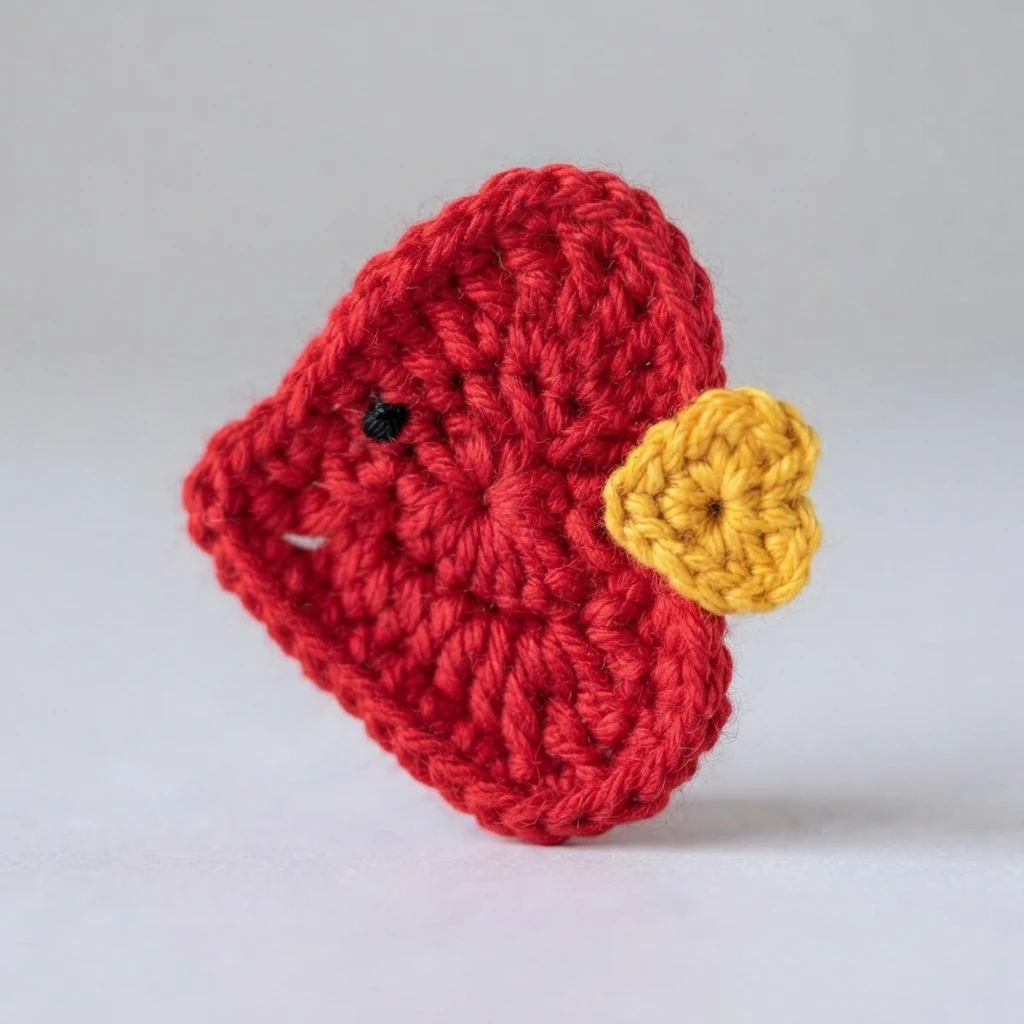 Red crocheted heart-shaped fish applique with a small yellow heart tail and a black embroidered eye, standing on a light background.