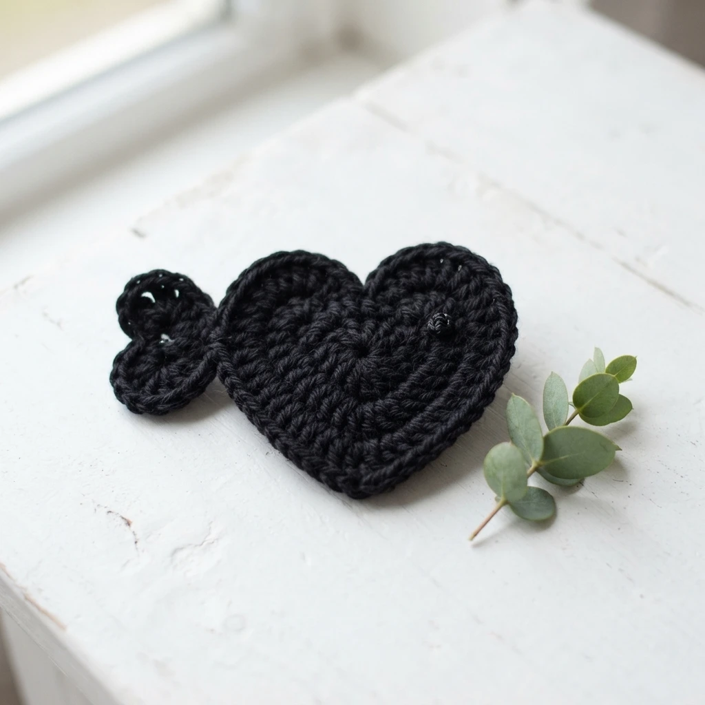 Black crochet heart-shaped fish applique with small heart tail on a white wooden surface beside a eucalyptus sprig
