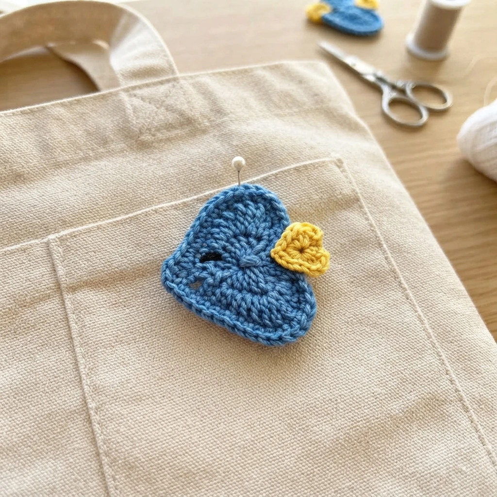 A blue crochet heart-shaped fish applique with a yellow heart tail pinned to a canvas tote bag pocket, with scissors, thread and yarn nearby.