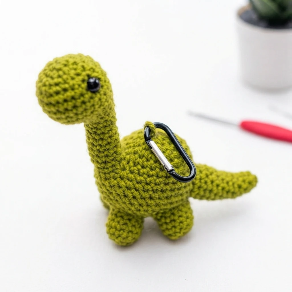 Small green crocheted brontosaurus with a black safety eye and a black carabiner clip attached to its back, standing on a white surface.
