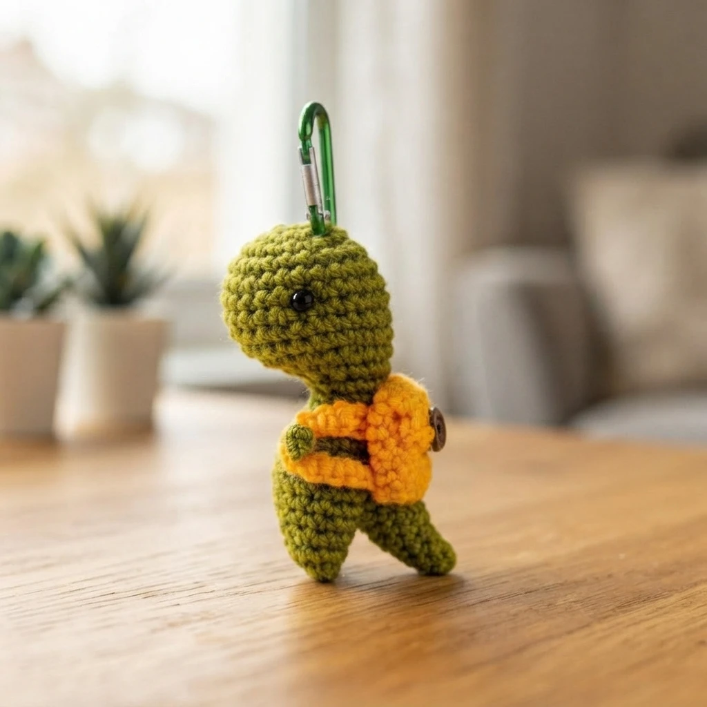 Small green crocheted T-Rex toy with orange backpack and green carabiner clip standing on a wooden table