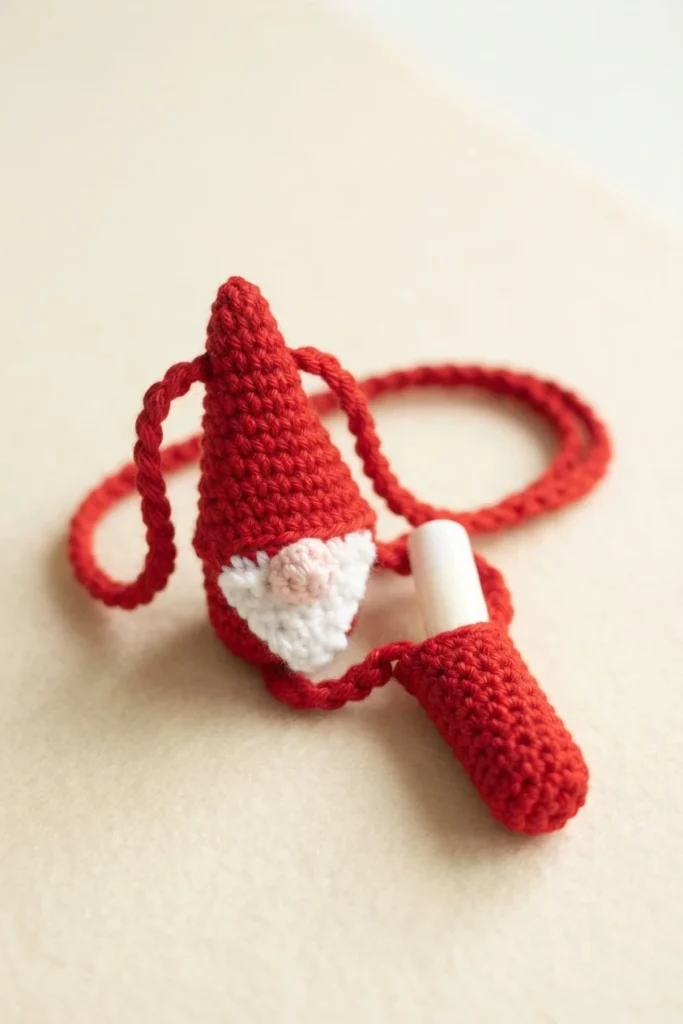 Crocheted Santa gnome lip balm holder with a red cone hat and body, white beard, pink nose, a red cord strap, and a lip balm tube tucked into the red pocket, resting on a plain cream surface.