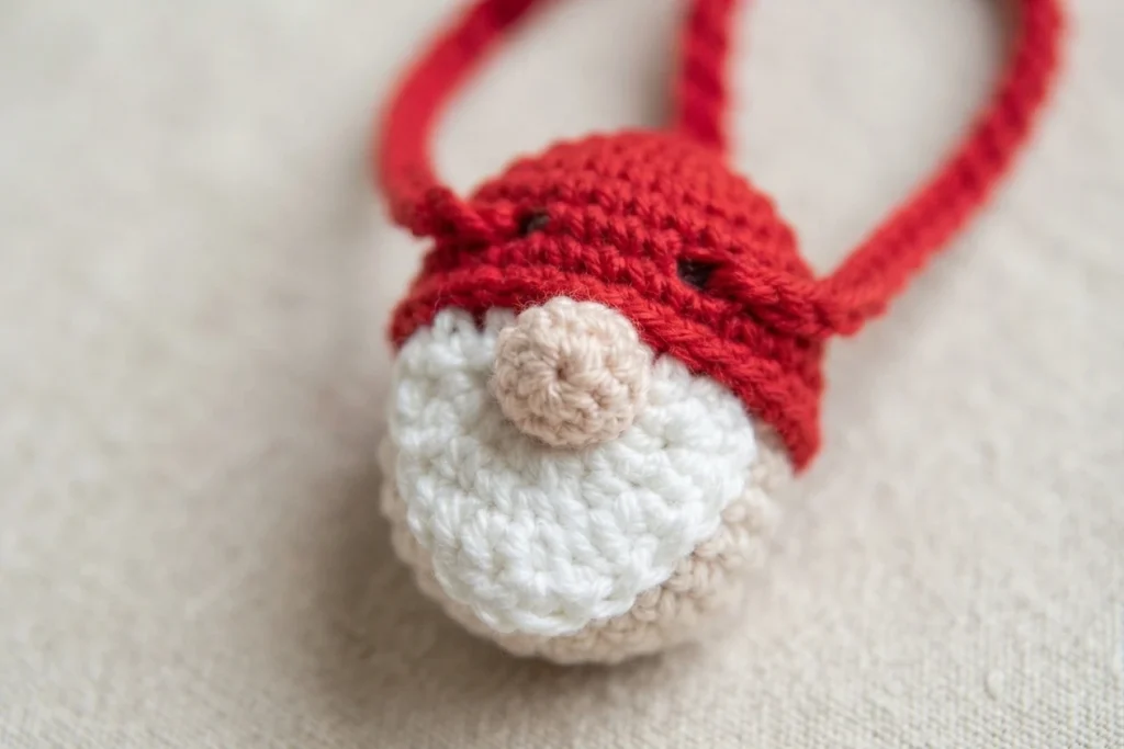 Close-up of a crocheted Santa gnome lip balm holder head with a red pointed hat, a white beard and a blush pink nose, with a red crocheted cord loop rising behind it, resting on a beige fabric background.