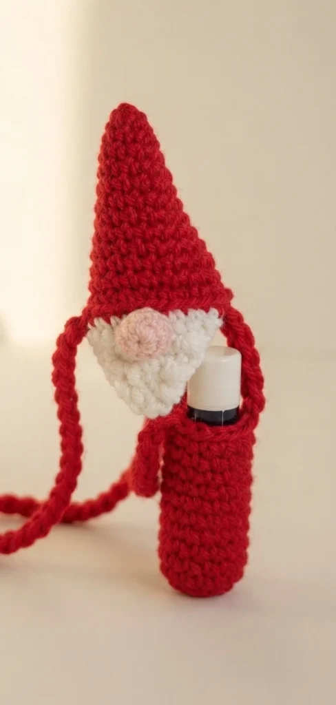 Crocheted Santa gnome lip balm holder in red, white and blush, with a pointed red hat, white beard, pink nose and a long red cord, a lip balm tube tucked into the red holder, photographed on a plain cream background.