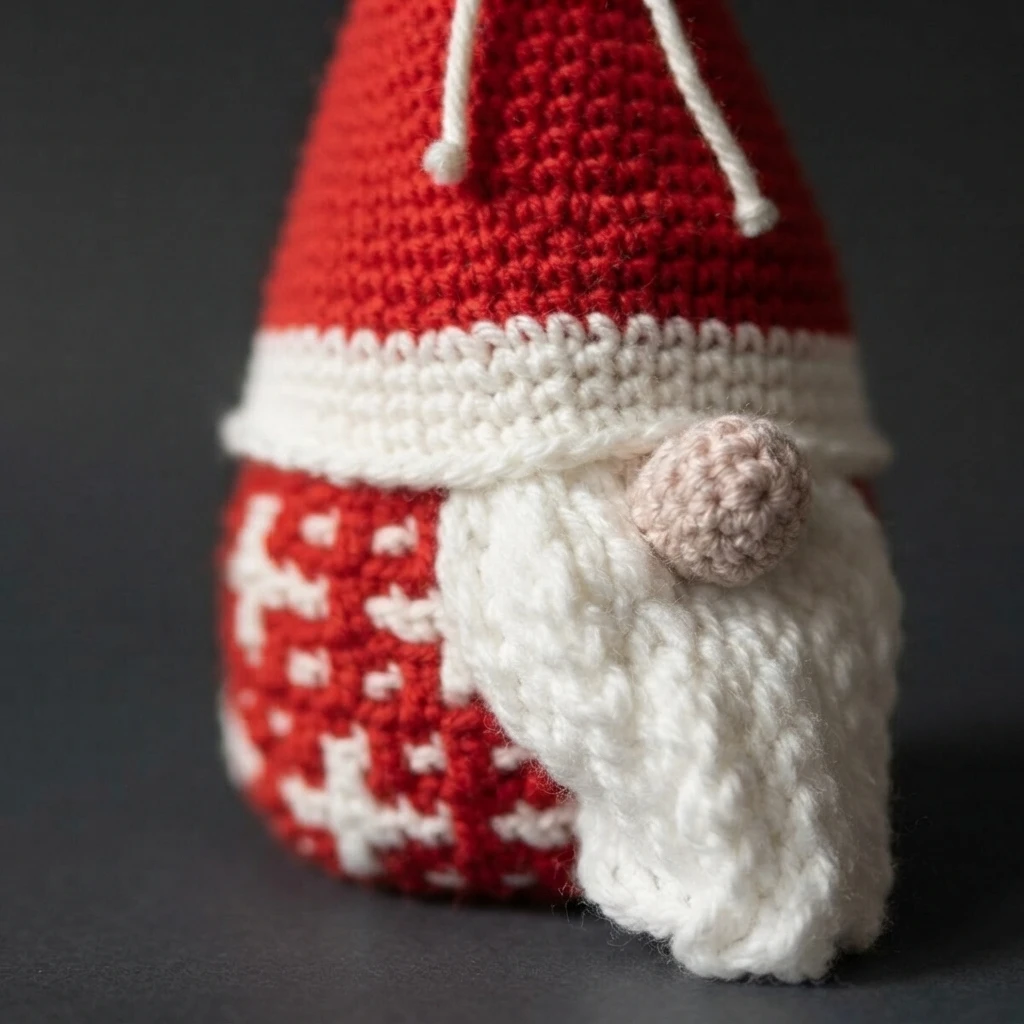 Close-up of a crocheted Santa gnome with a red pointed hat, a white brim, a white beard, a blush pink nose and a red body worked in a white mosaic pattern, with white drawstrings at the top of the hat, photographed against a plain dark back