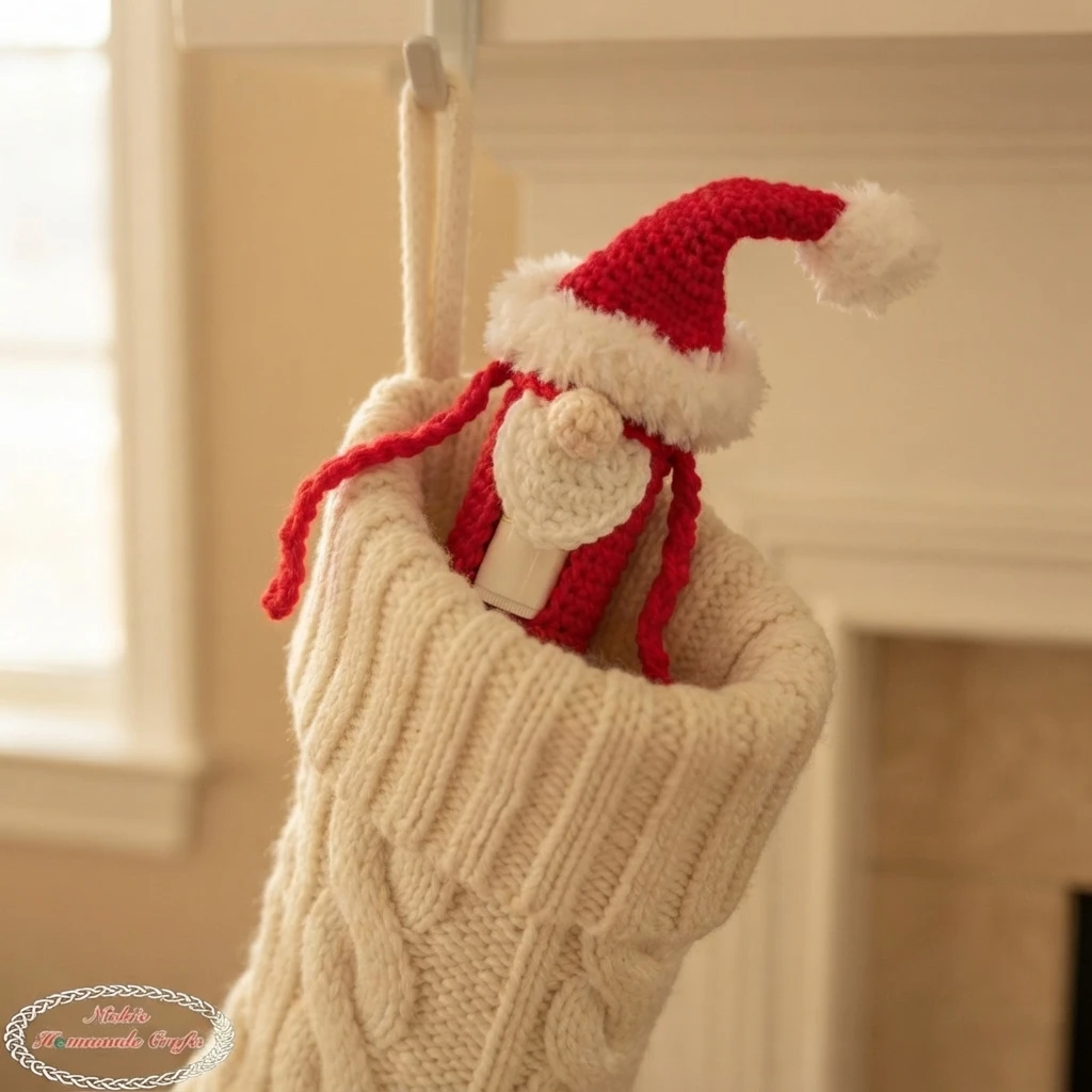Crocheted Santa gnome lip balm holder with a red hat, fluffy white beard and blush nose, holding a lip balm tube, hanging from a cream cable knit stocking.