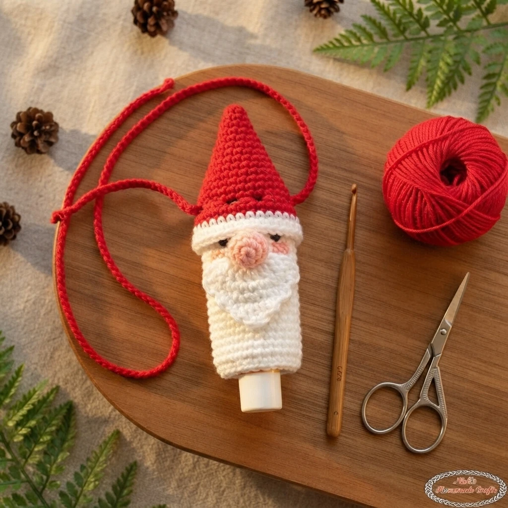 Crocheted Santa gnome lip balm holder in red and white with a long red cord, shown with a wooden crochet hook, a ball of red yarn, scissors and pinecones on a wooden board.