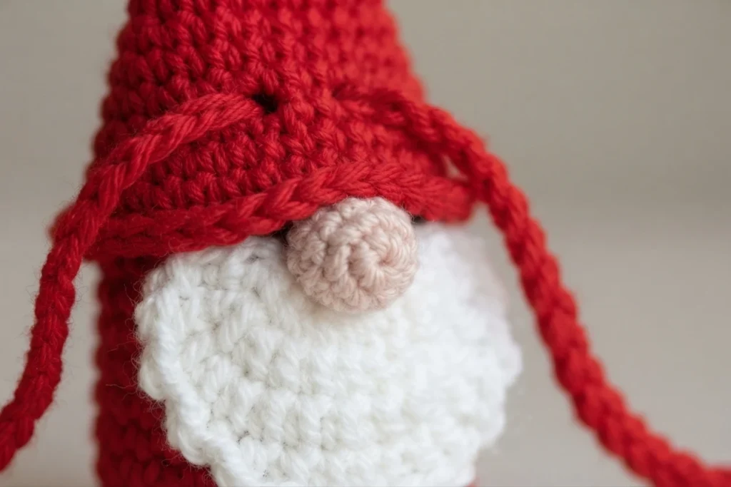 Close-up of a crocheted Santa gnome lip balm holder showing a red hat brim with a red crocheted cord woven through it, a blush pink yarn nose and a white textured beard.
