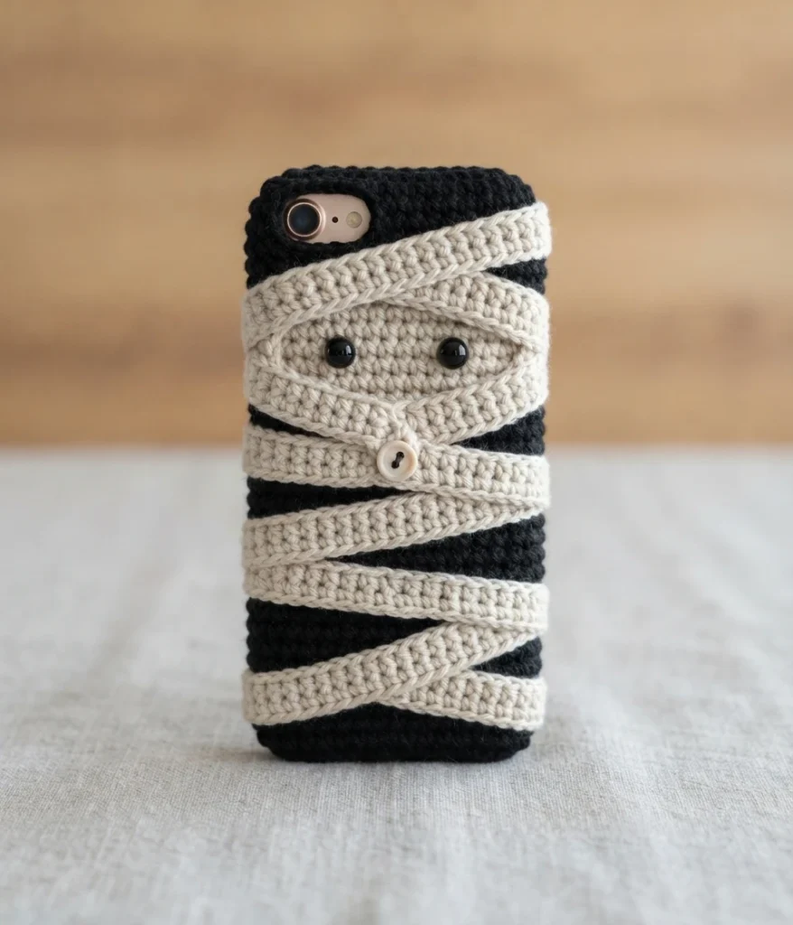 How to Crochet a Mummy phone case - PATRONES VALHALLA: Free crochet patterns - crochet detail