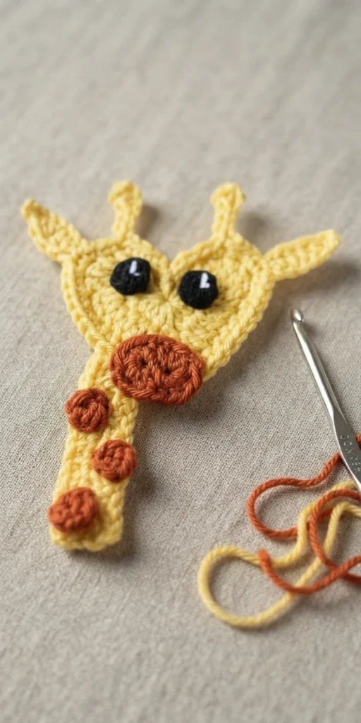 Yellow crochet giraffe applique with heart shaped head, black eyes, rust muzzle and spots, beside a crochet hook and yarn on beige fabric.