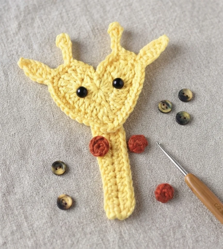 Yellow crocheted giraffe applique with black button eyes and rust spots, shown with loose buttons, detached spots and a crochet hook on beige fabric.