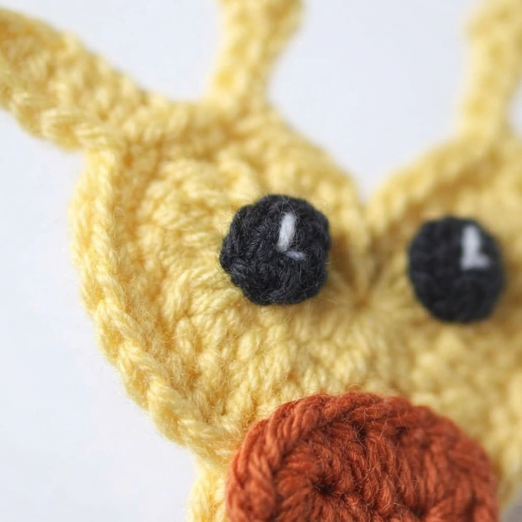Close-up of a yellow crochet giraffe applique face with black crocheted eyes and a rust-colored muzzle.