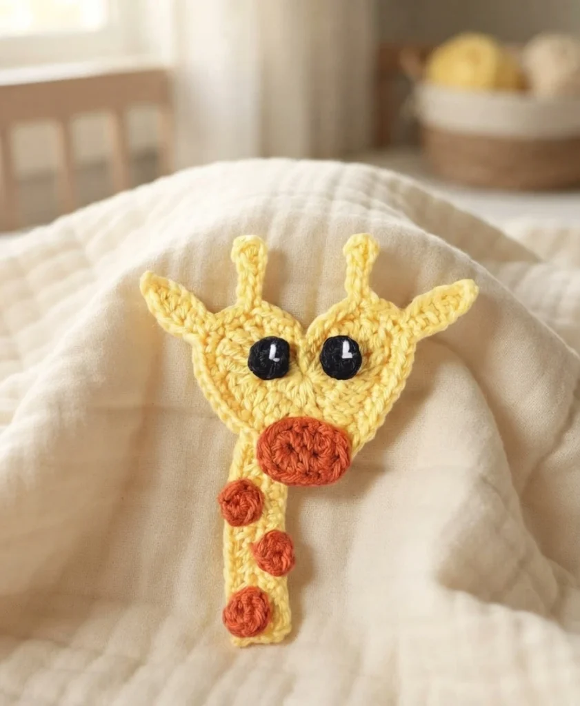 Yellow crochet giraffe applique with heart-shaped head, black crocheted eyes, rust-colored muzzle and three spots on its neck, displayed on a cream quilt.