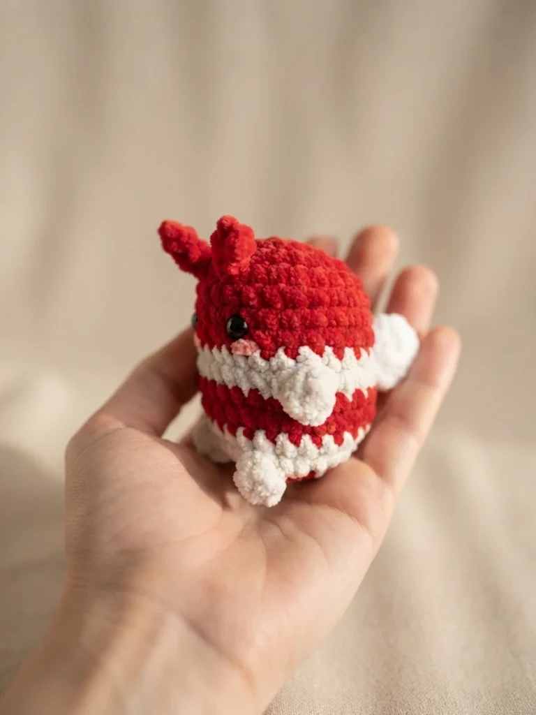 Small crocheted amigurumi bee with a red head and back, white striped body, black safety eyes, small antennae and white wings, held in an open hand against a soft beige fabric background.