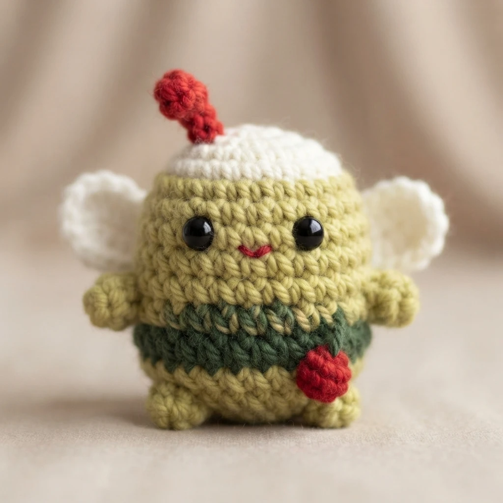 Crocheted amigurumi bee in olive green with a white cap, a red antenna, white rounded wings, a dark green stripe and a small red flower, photographed on a beige fabric background.