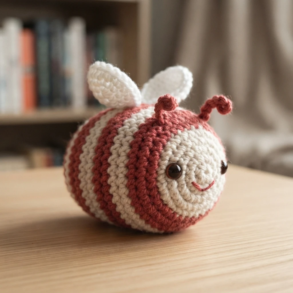 Crocheted amigurumi bee with red and cream stripes, white wings, curly red antennae, dark safety eyes and a small embroidered smile, resting on a wooden table with a blurred bookshelf in the background.