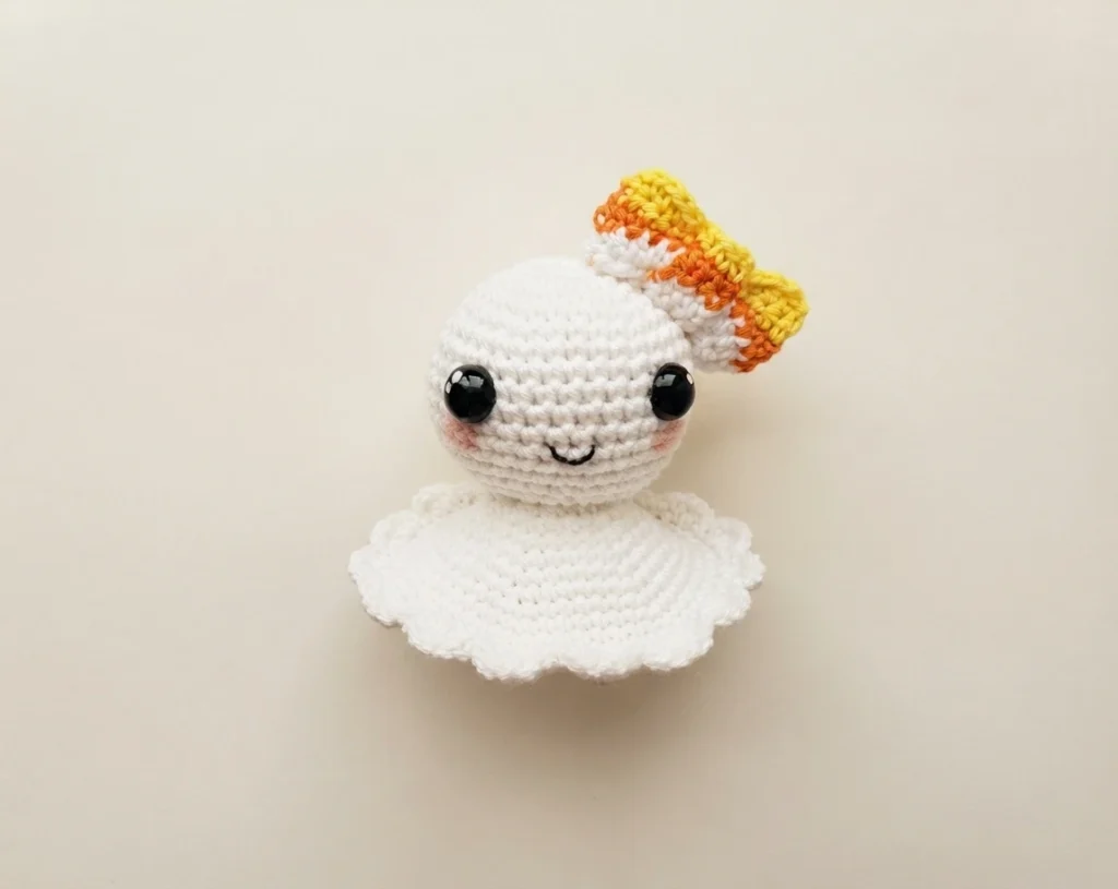 Small white crocheted ghost with black safety eyes, rosy cheeks and a stitched smile, wearing a ruffled yellow and orange bow on its head and a scalloped skirt, photographed alone against a plain cream background.