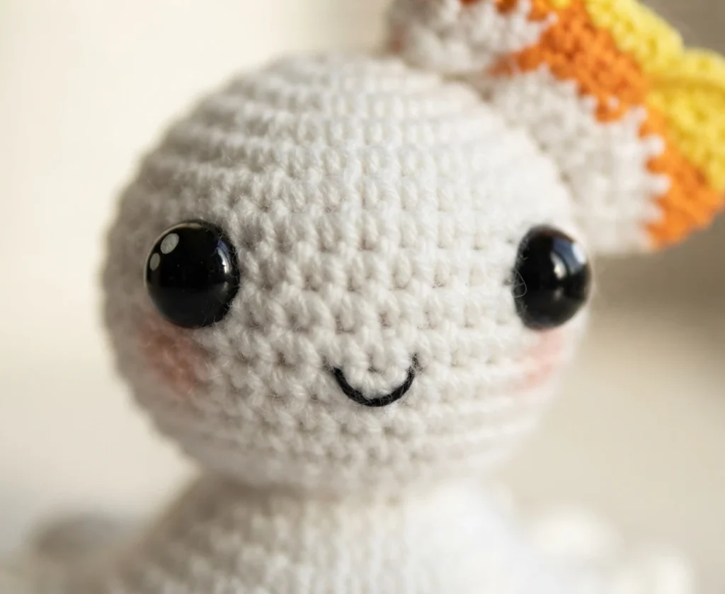Close-up of a small crocheted white ghost amigurumi with black safety eyes, pink blush cheeks and a stitched smile, wearing an orange and yellow crocheted bow on its head, photographed against a softly blurred light background.