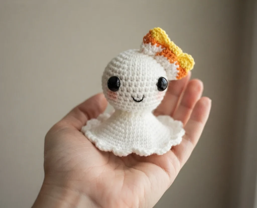White crocheted amigurumi ghost with black safety eyes, a small stitched smile and pink cheeks, wearing an orange and yellow crocheted bow, held upright in an open hand against a plain neutral background.
