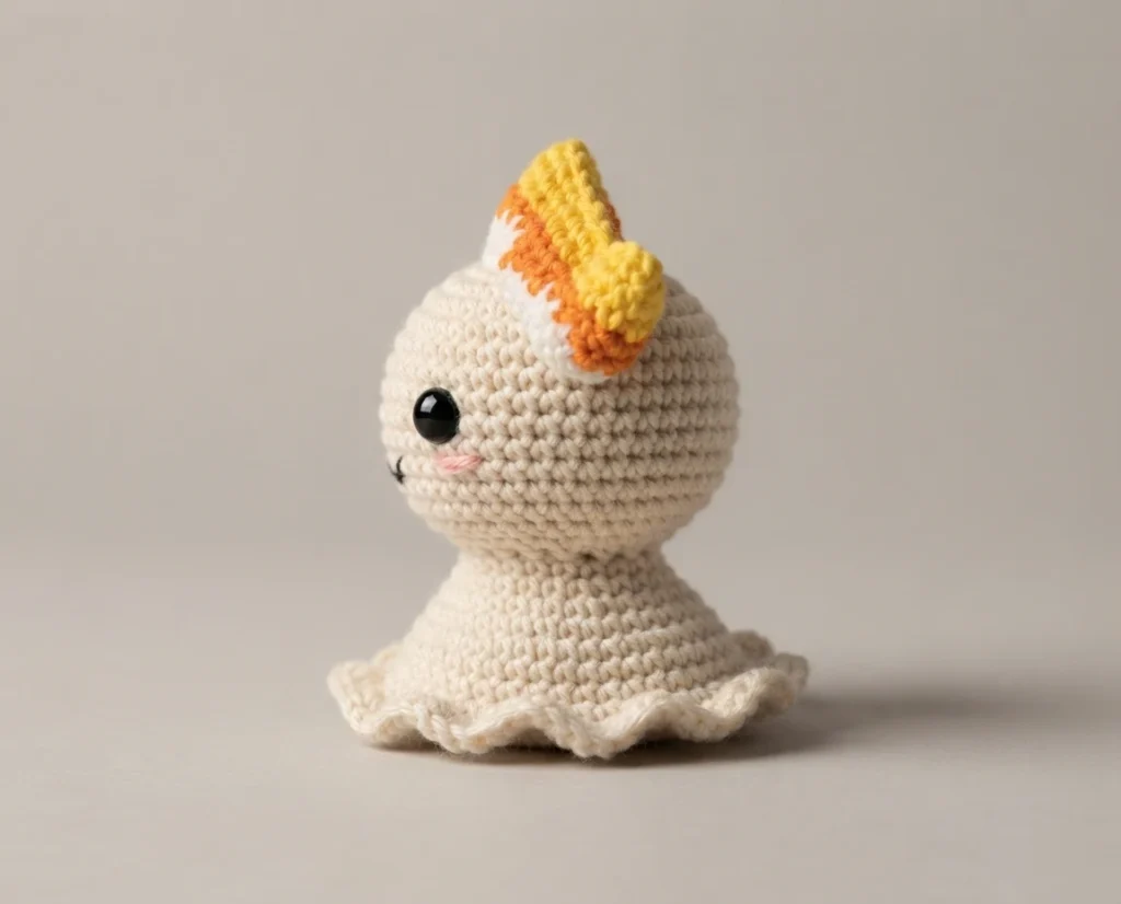 Crocheted white ghost amigurumi with black safety eyes and a small pink smile, wearing a yellow, white and orange candy corn bow on its head, photographed in profile on a plain grey background.