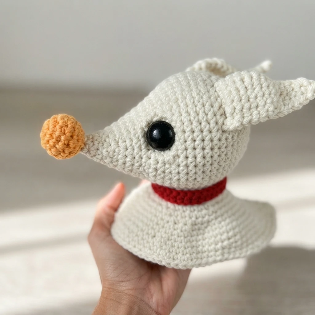 White crocheted amigurumi dog with a long snout, an orange pompon nose, one black eye and a red collar, held in a hand.