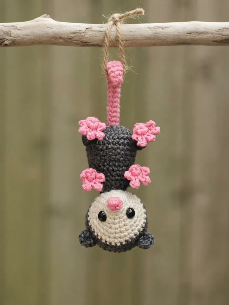 An upside-down crocheted opossum with a gray body, cream face, pink paws and tail hangs from a branch.