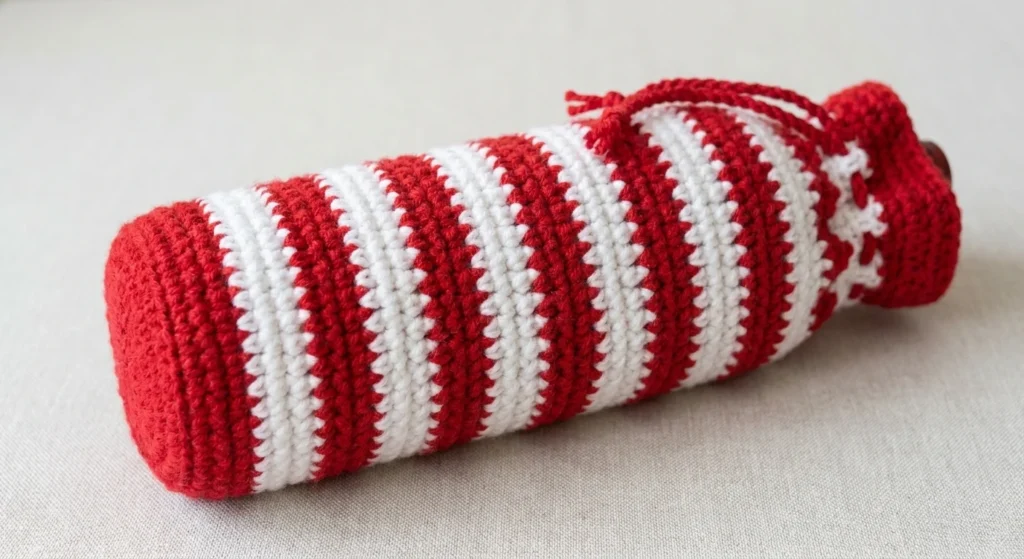 Red and white striped crochet wine bottle bag lying on its side on a plain light cloth, with a dark bottle cap showing at the gathered top and a small yarn tail at the neck