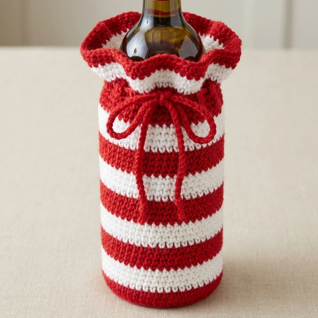 Crocheted wine bottle bag in red and white stripes with a bottle inside, gathered at the top with a red drawstring bow, standing on a light beige surface.