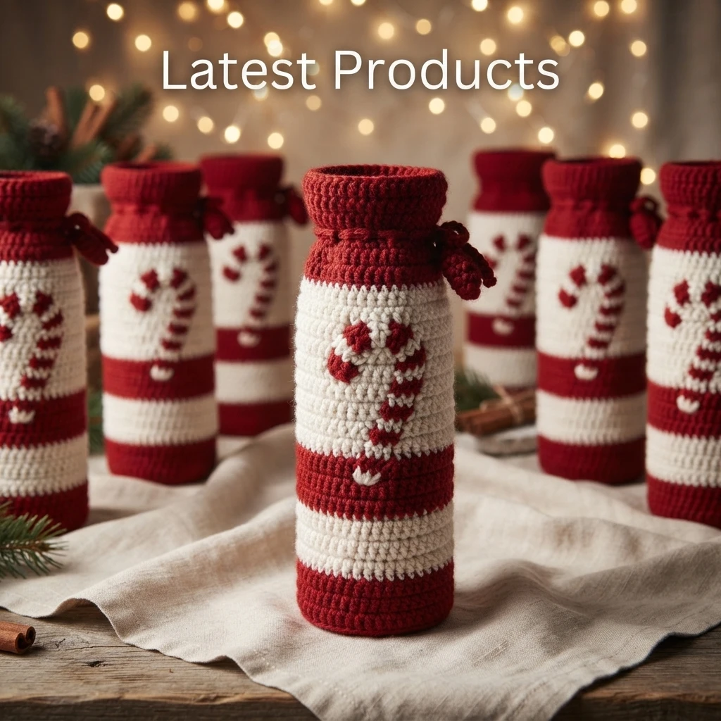 Six crocheted wine bottle bags in red and white with candy cane motifs, gathered at the neck with red ties and standing on a light linen cloth in front of warm festive lights, with a text overlay at the top.
