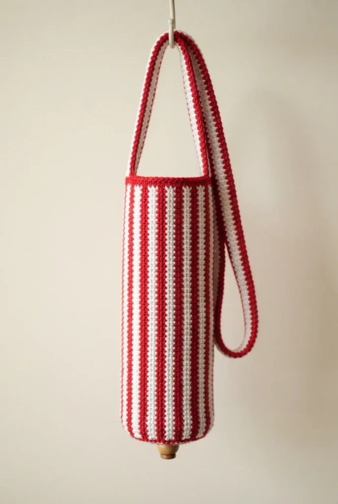 Single crochet bottle bag hanging by a long shoulder strap, worked in vertical red and white stripes with a bottle neck showing at the bottom.
