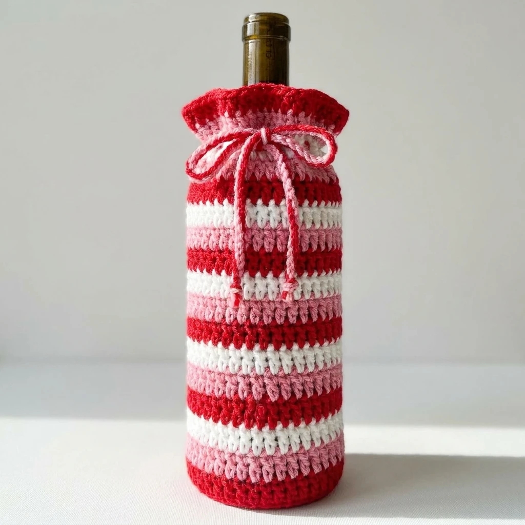 A crocheted wine bottle bag in red, white and pink stripes with a pink drawstring bow, shown holding a green glass bottle on a plain light background