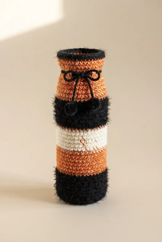 Crocheted bottle gift bag with orange and white stripes separated by fluffy black bands, closed with a small black bow and standing upright on a plain beige surface.