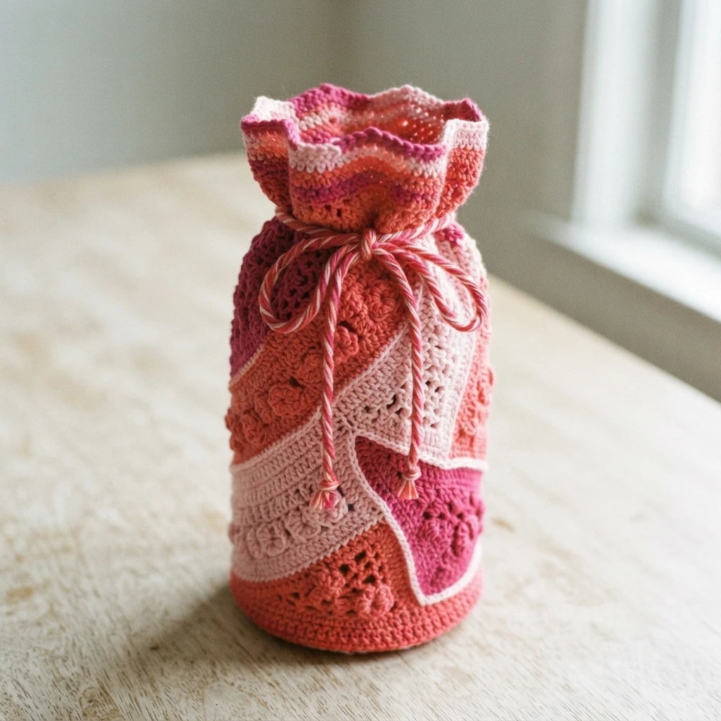 Sac à bouteille en crochet rose, corail et blanc à rayures ondulées, fermé par un cordon torsadé rose noué, contenant une bouteille et posé sur une table en bois près d'une fenêtre.