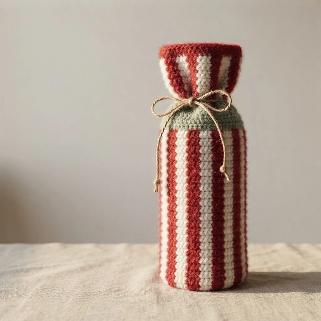 Crocheted wine bottle bag in vertical red and white stripes with a green band and a twine bow, standing on a linen surface against a plain light background.