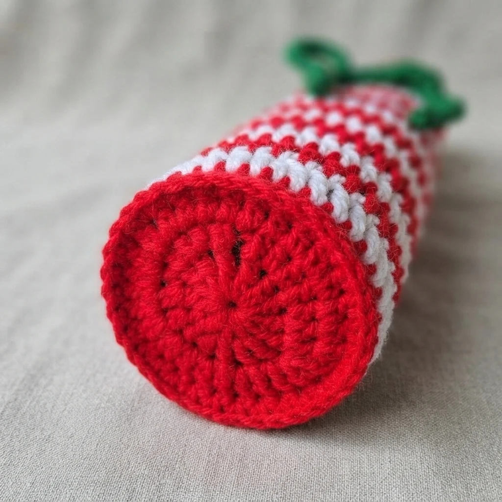 Single crocheted red and white striped wine bottle bag lying on its side on light grey fabric, flat red circular base facing forward and a green tie visible at the top edge.