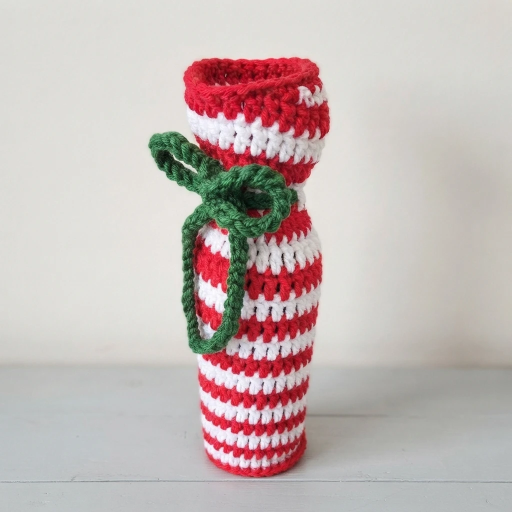 Crocheted red and white striped wine bottle bag with a green yarn bow tied at the neck, shown empty on a plain light background.