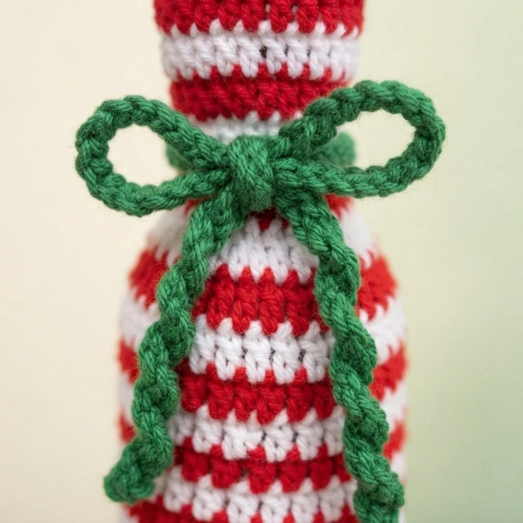 Close-up of a green crocheted bow tied around the neck of a red and white striped crochet wine bottle bag.