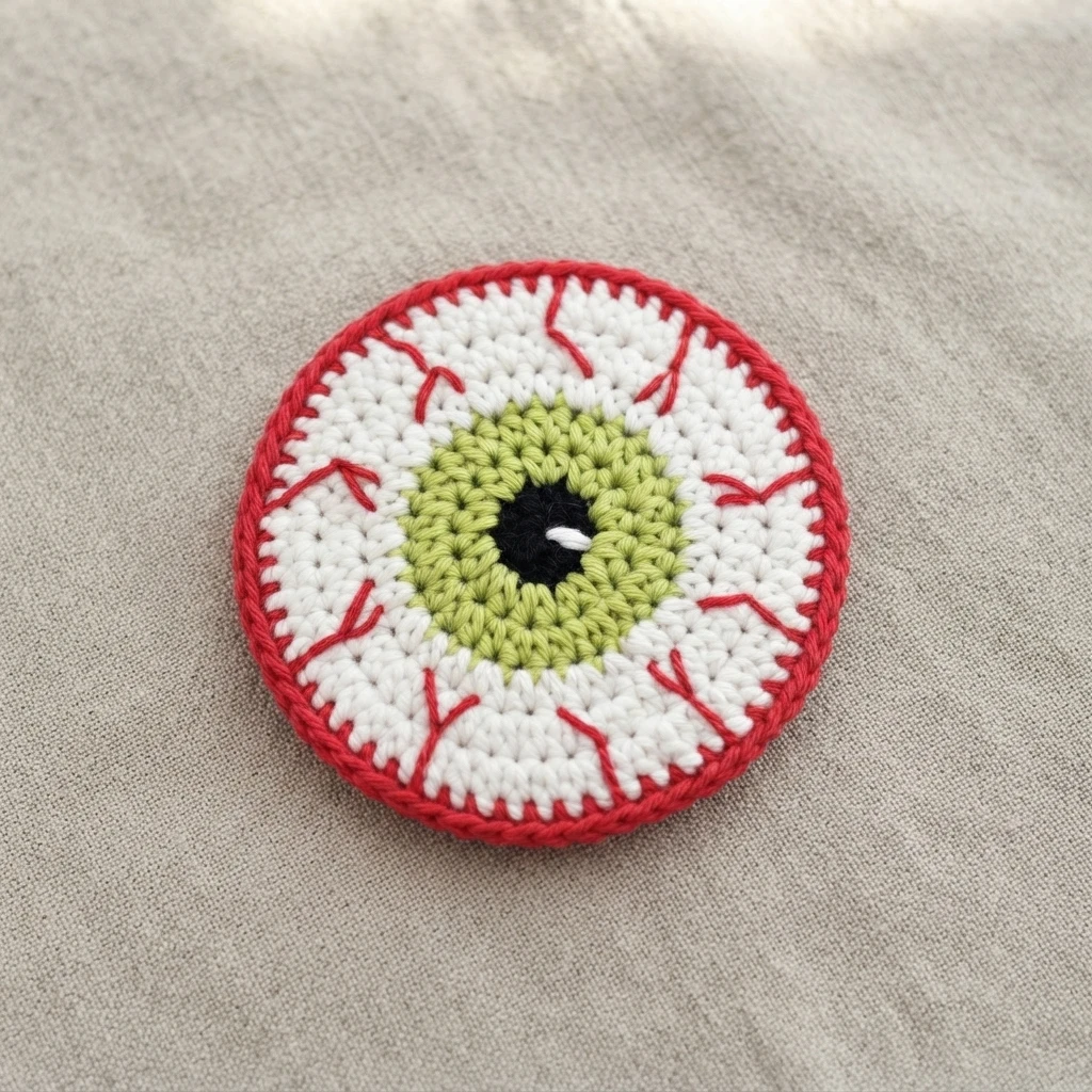 Dessous de verre rond au crochet représentant un œil vert, avec un iris vert, une pupille noire, des vaisseaux rouges et une bordure rouge, posé sur un tissu beige.