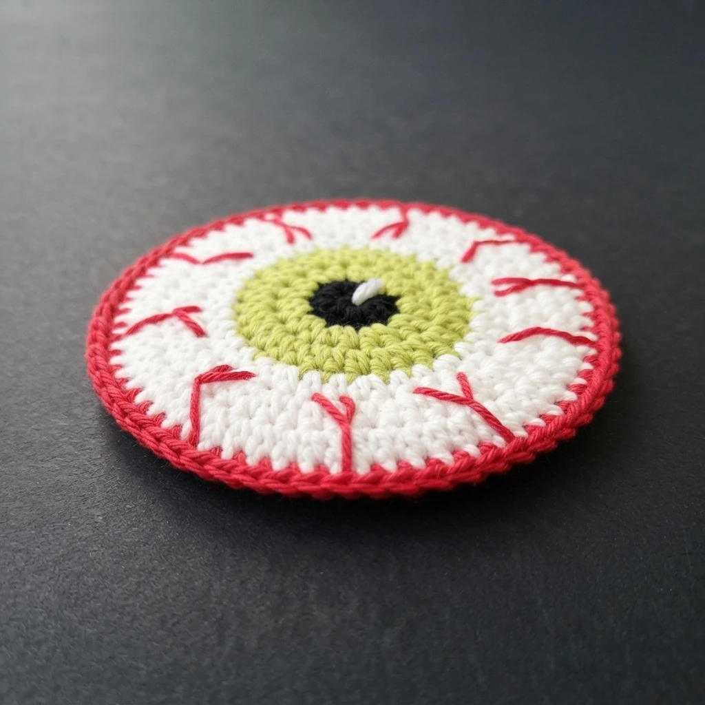 Round crocheted eyeball coaster with a white surface, red veins and border, and a green iris with a black pupil, on a dark background.