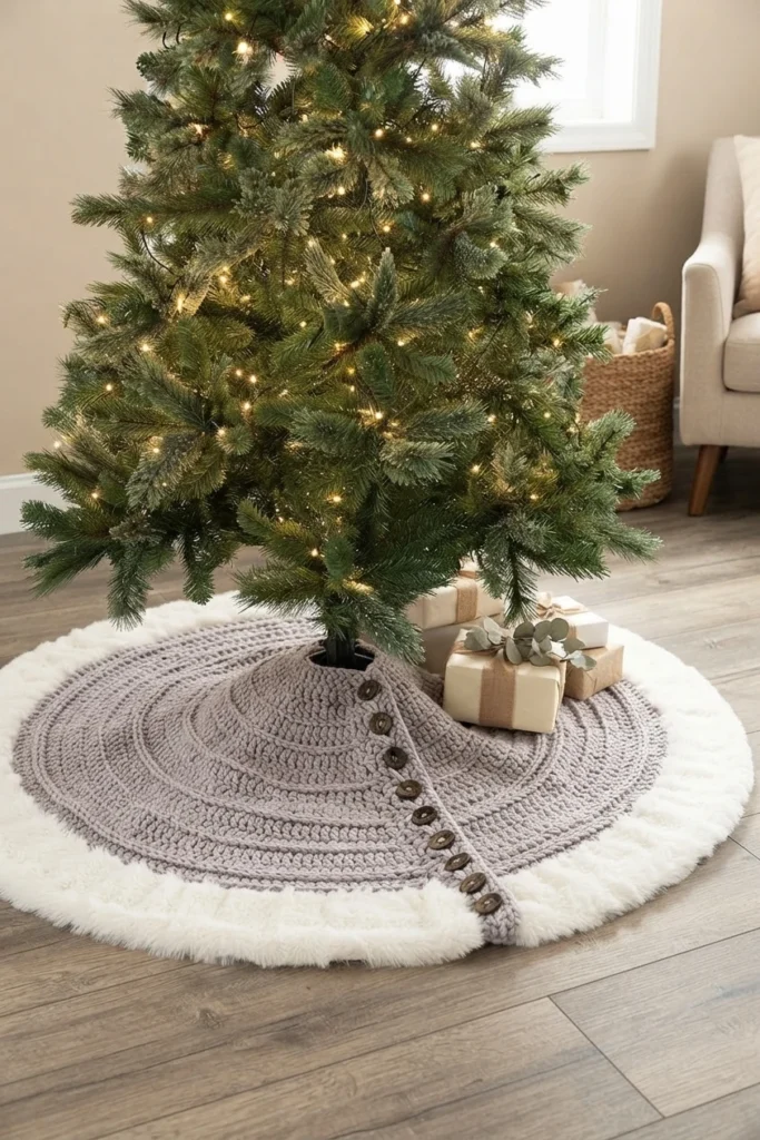 A taupe crochet tree skirt with white fluffy trim and wooden buttons surrounds a lit Christmas tree, with wrapped gifts beside it.