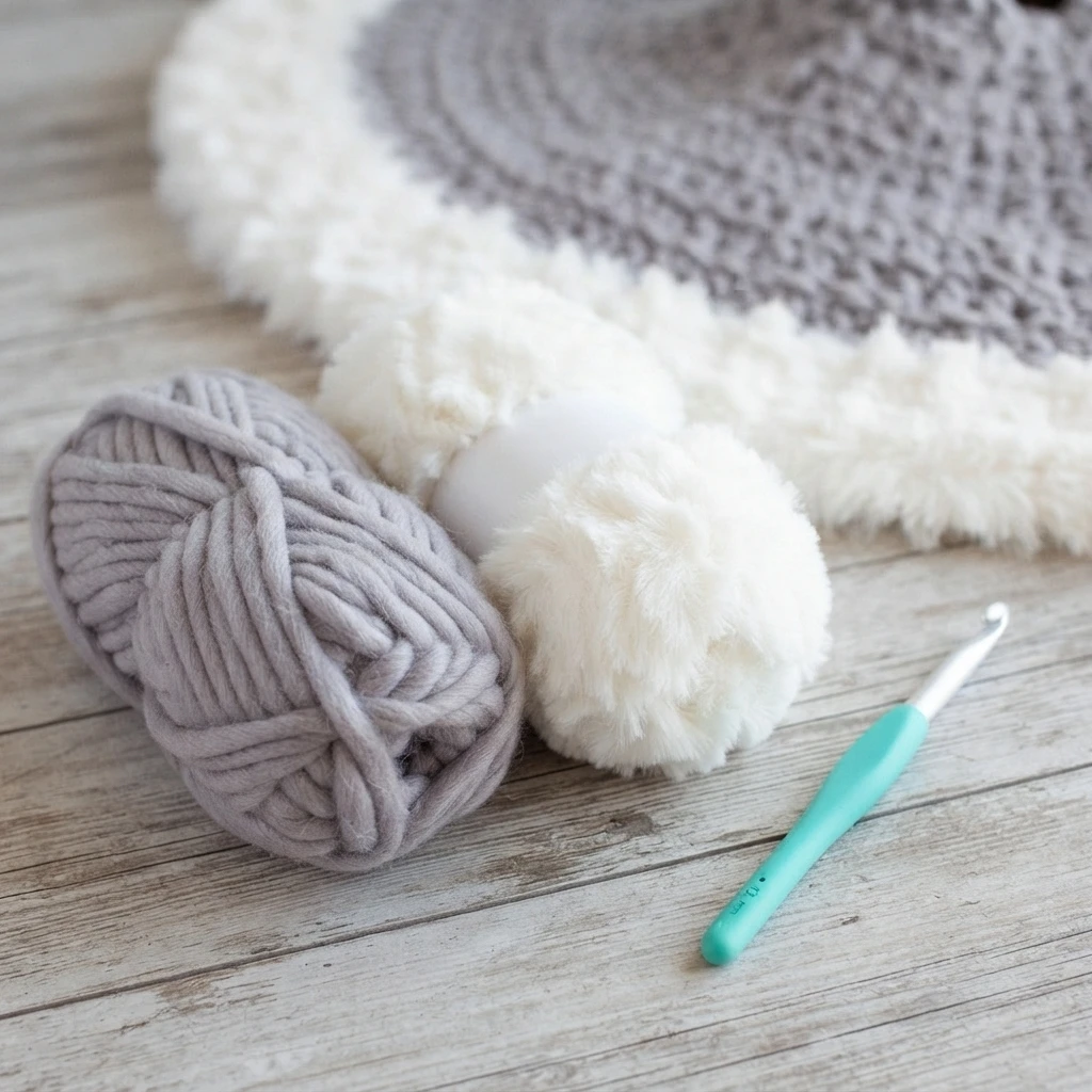 A ball of gray yarn, white faux fur yarn, and a turquoise crochet hook beside a crocheted tree skirt with white trim.