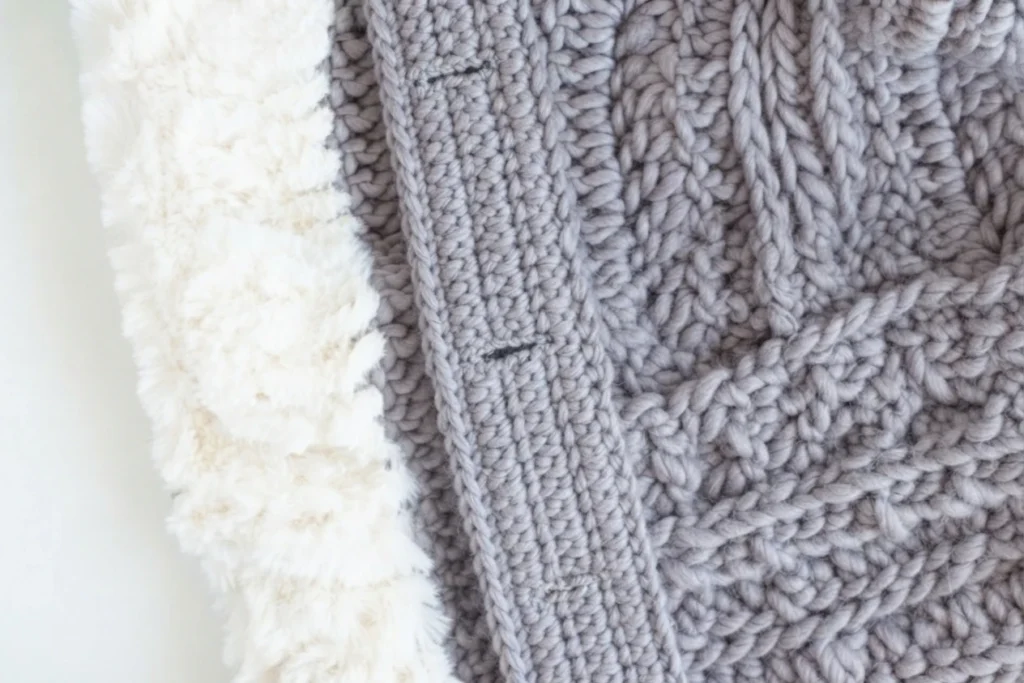 Close-up of a gray crocheted tree skirt with a white faux-fur edge.