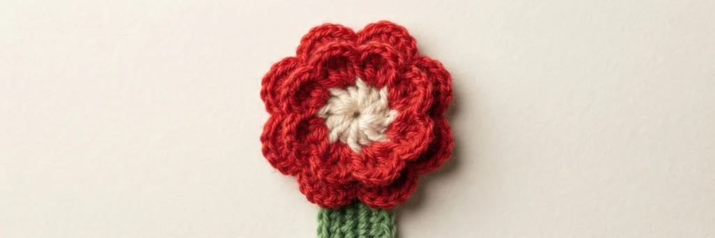 Crocheted red flower with cream center attached to a green strip, showing the flower end of a crochet bookmark.