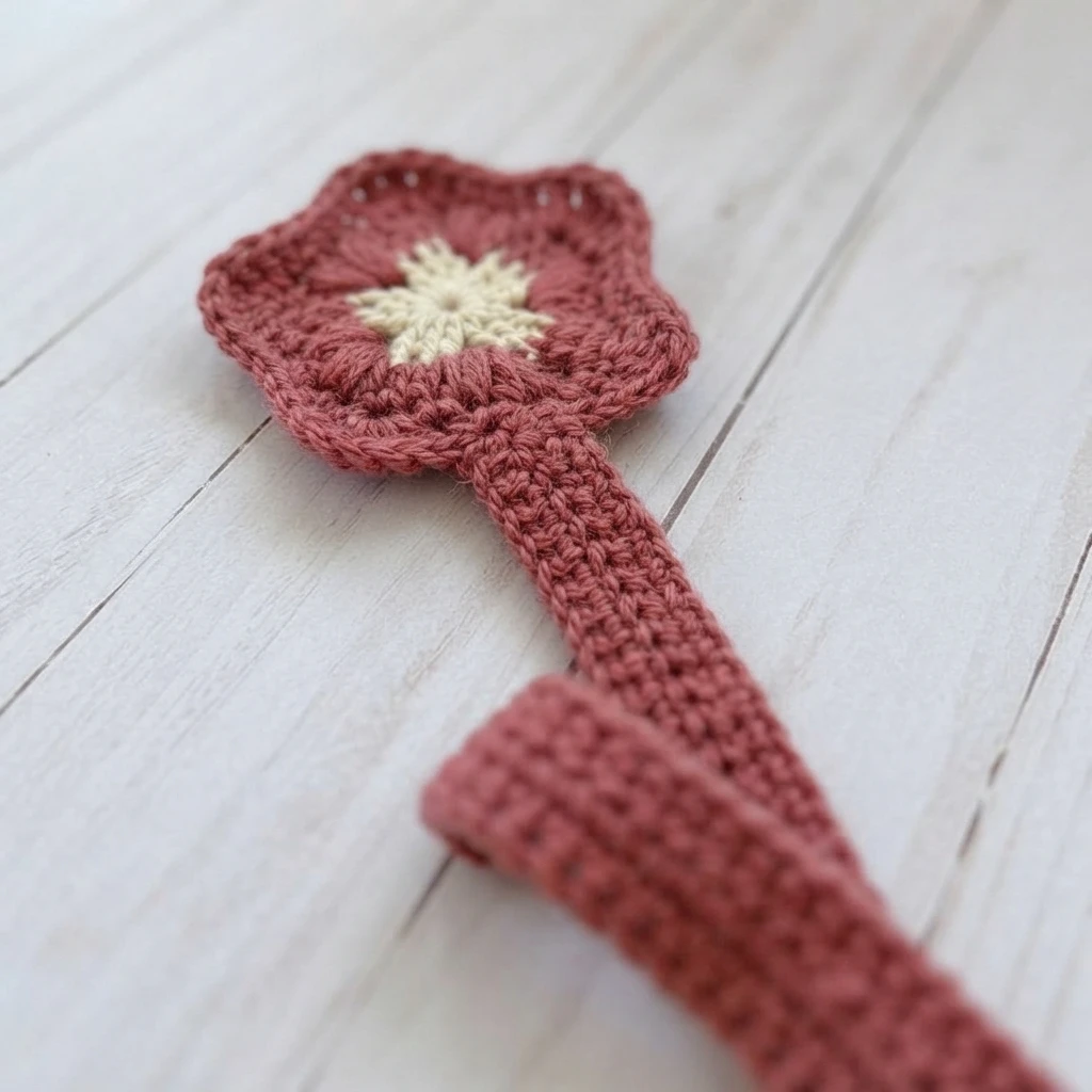 Close-up of a dusty rose crochet flower bookmark with a cream center and textured strap, lying on whitewashed wood.